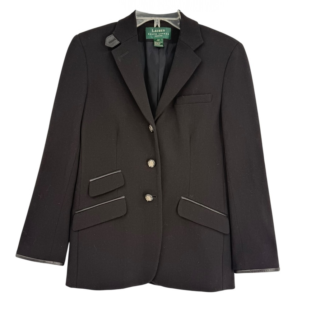 Lauren Ralph Lauren Size 6P Black Blazer Equestrian Leather Trim / Logo Button